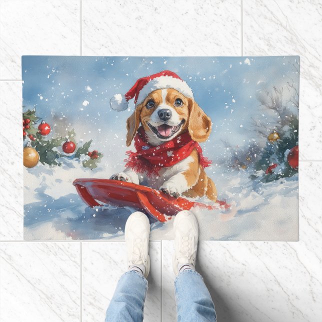 Beagle Dog in Sledge Let it Snow Christmas Doormat (Indoor)