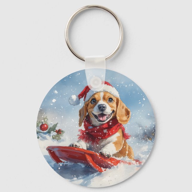 Beagle Dog in Sledge Let it Snow Christmas Keychain (Front)