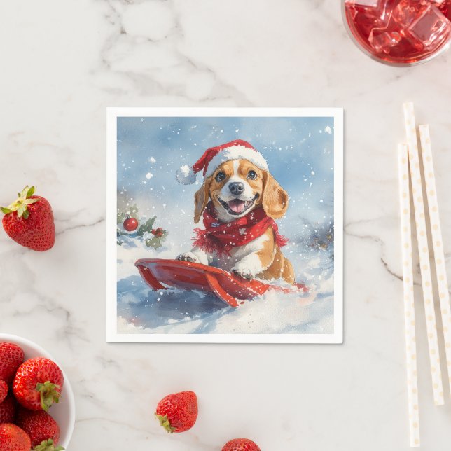 Beagle Dog in Sledge Let it Snow Christmas Napkins (Insitu)