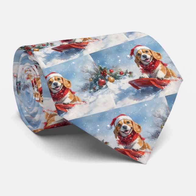Beagle Dog in Sledge Let it Snow Christmas Neck Tie (Rolled)