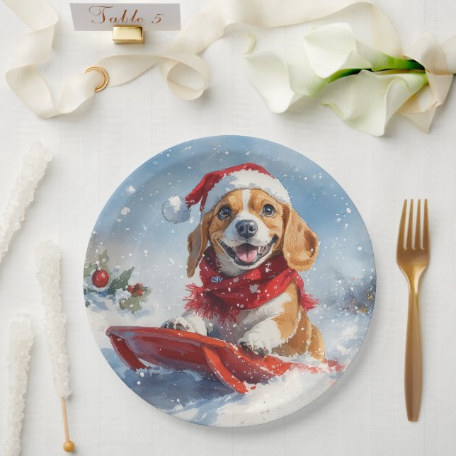 Beagle Dog in Sledge Let it Snow Christmas Paper Plates (Wedding)