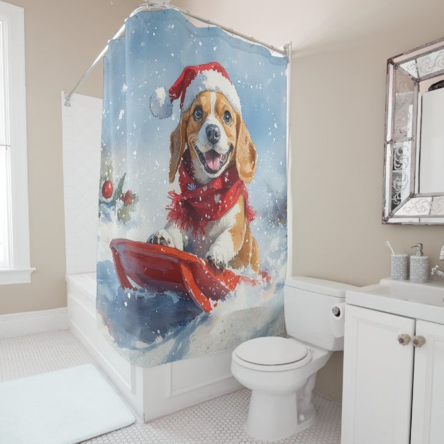 Beagle Dog in Sledge Let it Snow Christmas Shower Curtain (In Situ)