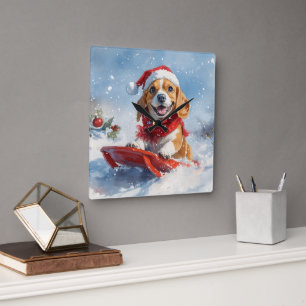 Beagle Dog in Sledge Let it Snow Christmas Square Wall Clock
