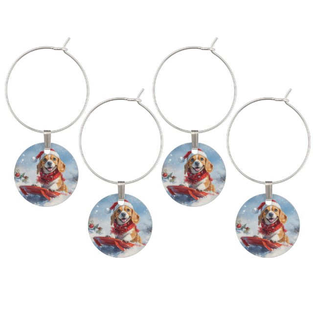 Beagle Dog in Sledge Let it Snow Christmas Wine Charm (Staggered)