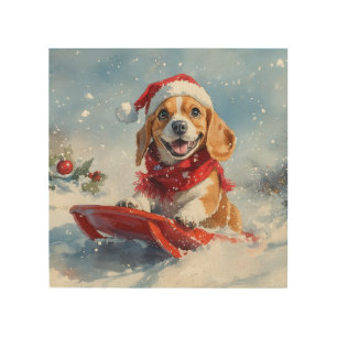 Beagle Dog in Sledge Let it Snow Christmas Wood Wall Art