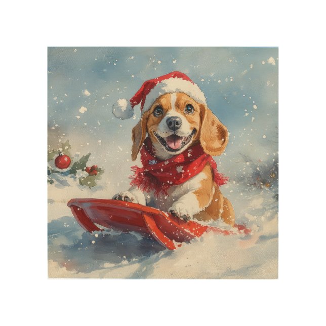 Beagle Dog in Sledge Let it Snow Christmas Wood Wall Art (Front)