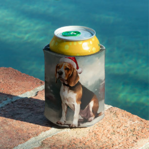 Beagle Dog in Snow Christmas Can Cooler