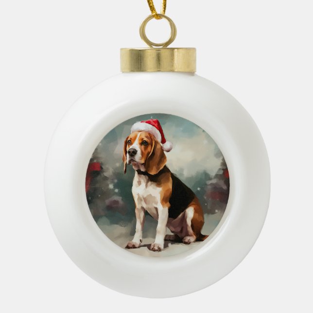 Beagle Dog in Snow Christmas  Ceramic Ball Christmas Ornament (Front)