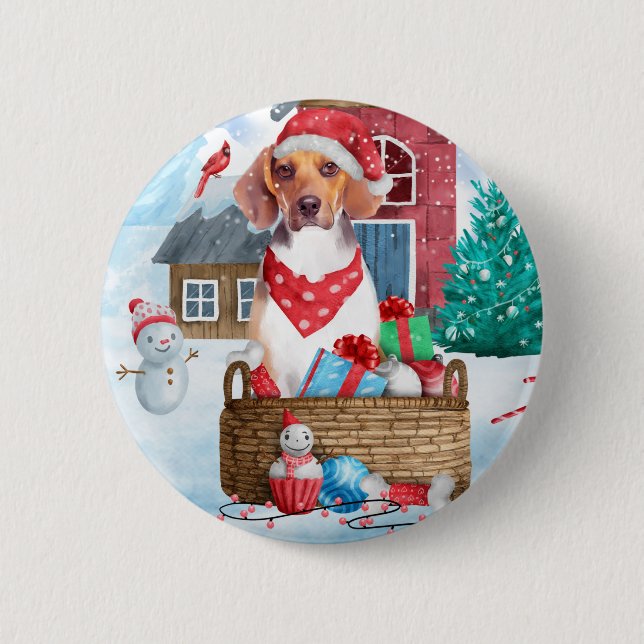 Beagle Dog In snow Christmas Dog House Button (Front)