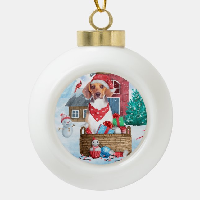 Beagle Dog In snow Christmas Dog House Ceramic Ball Christmas Ornament (Front)