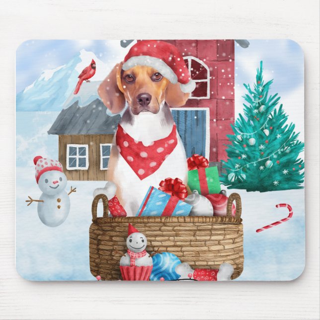 Beagle Dog In snow Christmas Dog House Mouse Pad (Front)