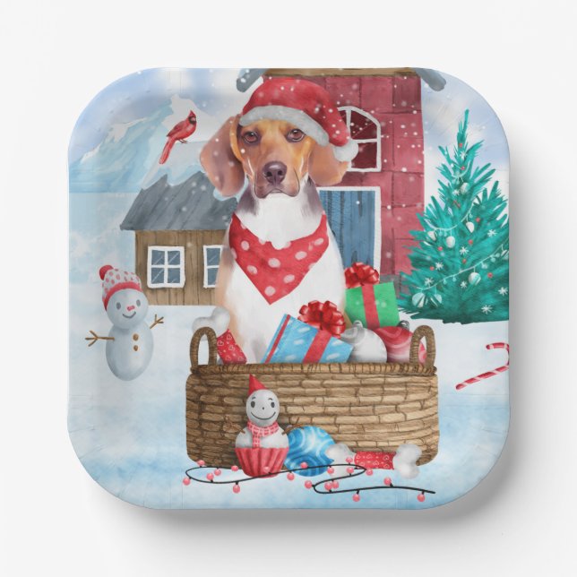Beagle Dog In snow Christmas Dog House Paper Plates (Front)