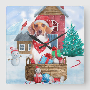Beagle Dog In snow Christmas Dog House Square Wall Clock