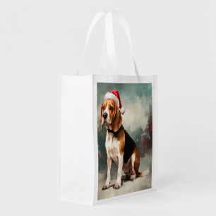 Beagle Dog in Snow Christmas Grocery Bag