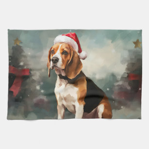 Beagle Dog in Snow Christmas Kitchen Towel