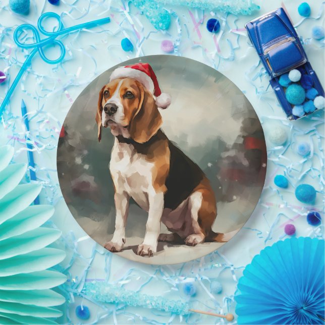 Beagle Dog in Snow Christmas  Paper Plates (Party)