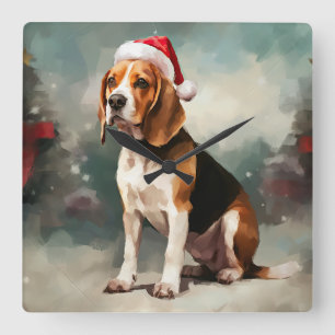 Beagle Dog in Snow Christmas Square Wall Clock