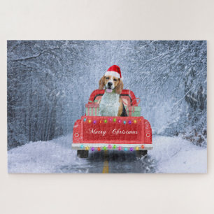 Beagle Dog in Snow sitting in Christmas Truck Jigsaw Puzzle