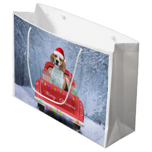 Beagle Dog in Snow sitting in Christmas Truck Large Gift Bag