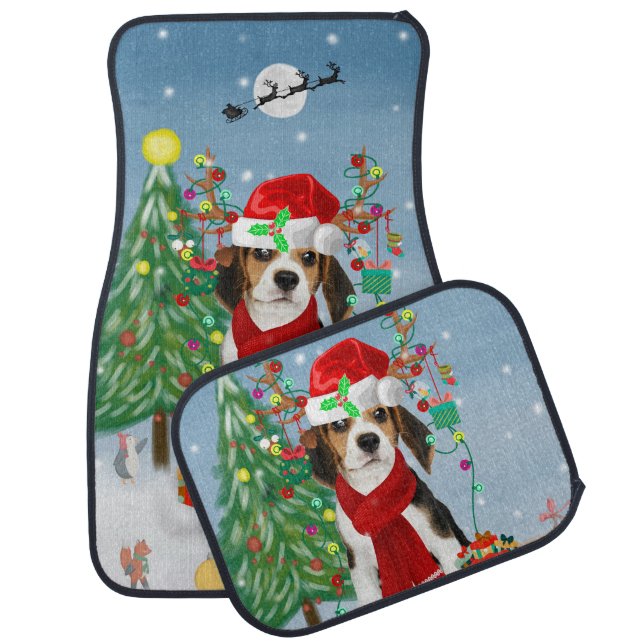 Beagle Dog in Snow with Christmas Gifts   Car Floor Mat (Set)
