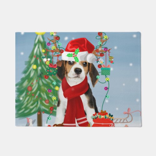 Beagle Dog in Snow with Christmas Gifts   Doormat