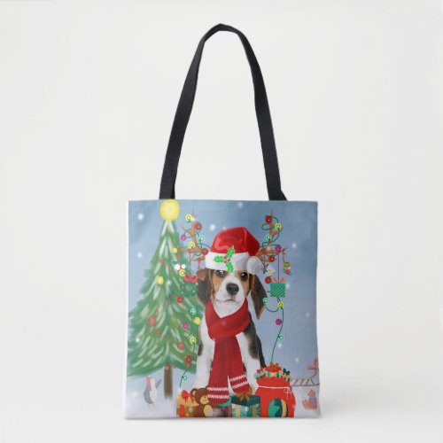 Beagle Dog in Snow with Christmas Gifts  Throw Pil Tote Bag