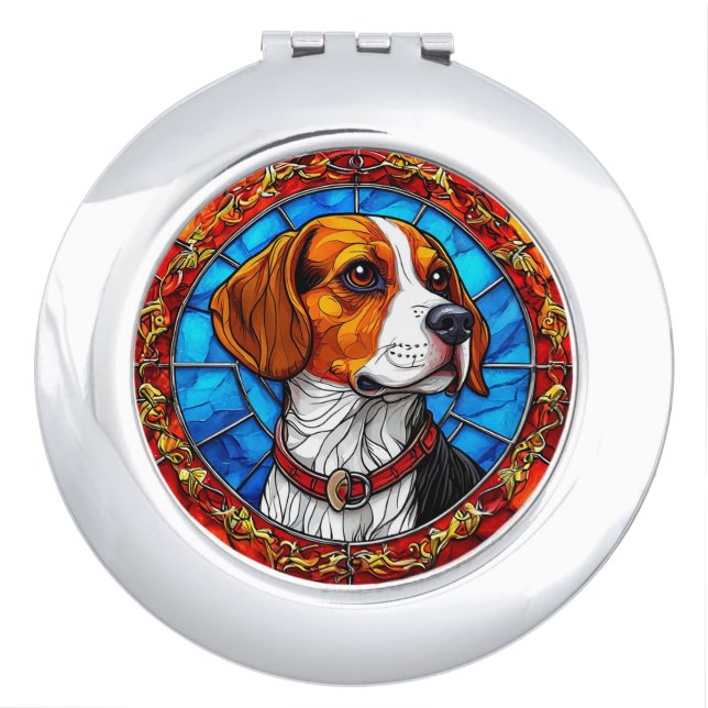 Beagle Dog in Vibrant Stained Glass Art Compact Mirror (Front)