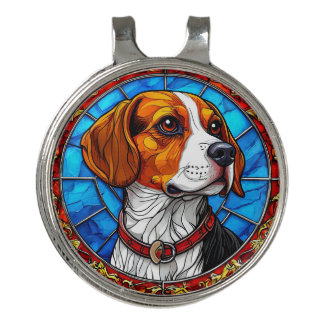 Beagle Dog in Vibrant Stained Glass Art Golf Hat Clip