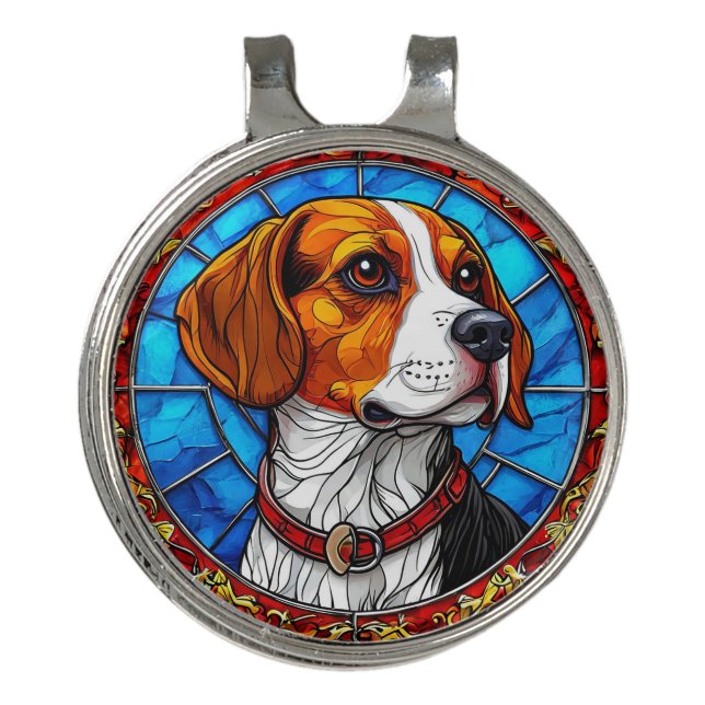 Beagle Dog in Vibrant Stained Glass Art Golf Hat Clip (Front)