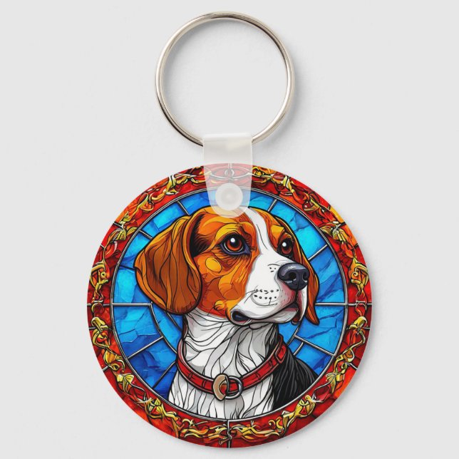 Beagle Dog in Vibrant Stained Glass Art Keychain (Front)