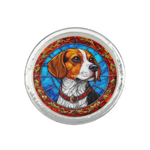 Beagle Dog in Vibrant Stained Glass Art Ring
