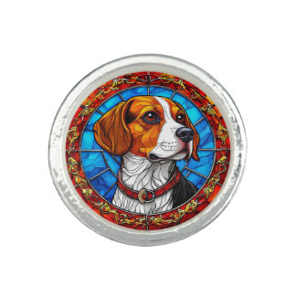 Beagle Dog in Vibrant Stained Glass Art Ring