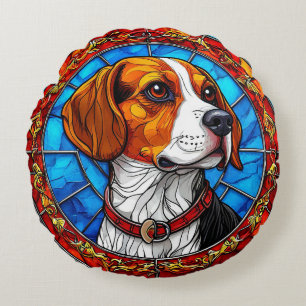 Beagle Dog in Vibrant Stained Glass Art Round Pillow