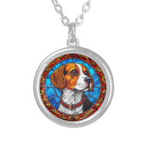 Beagle Dog in Vibrant Stained Glass Art Silver Plated Necklace