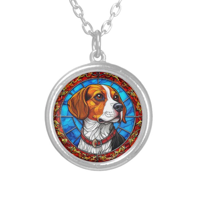Beagle Dog in Vibrant Stained Glass Art Silver Plated Necklace (Front)