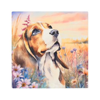 Beagle Dog Lover with Wildflower Meadow Metal Print
