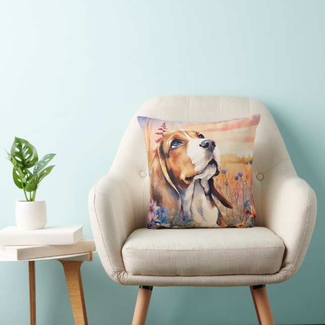 Beagle Dog Lover with Wildflower Meadow Throw Pillow (Chair)