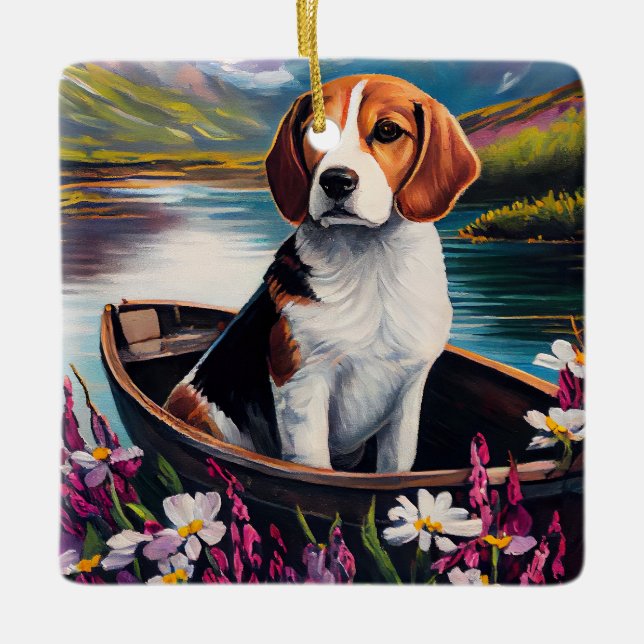 Beagle Dog on a Paddle: A Scenic Adventure Ceramic Ornament (Front)