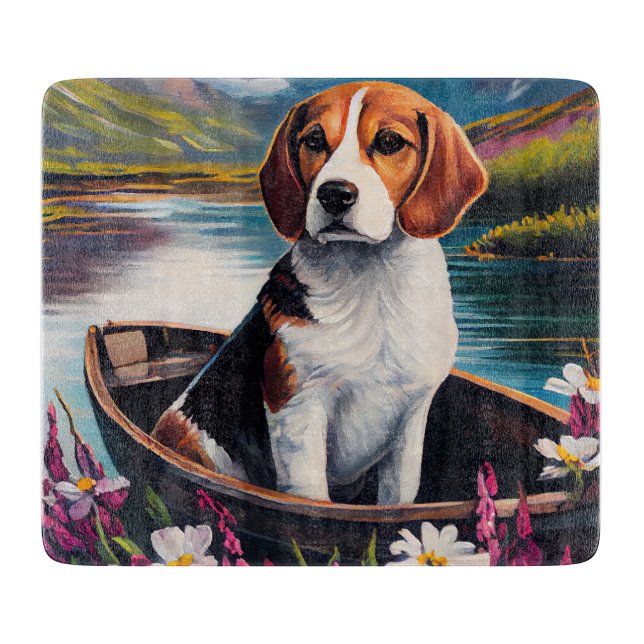 Beagle Dog on a Paddle: A Scenic Adventure Cutting Board (Front)