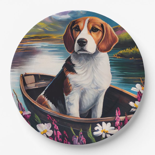 Beagle Dog on a Paddle: A Scenic Adventure Paper Plates (Front)