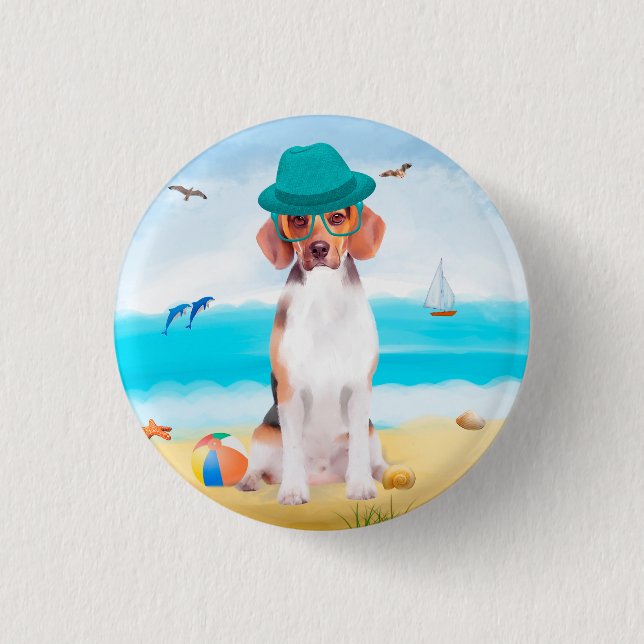 Beagle Dog On Beach Button (Front)