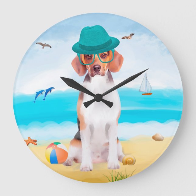 Beagle Dog On Beach Large Clock (Front)