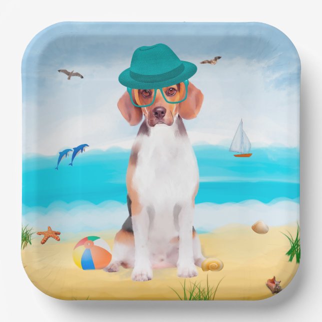Beagle Dog On Beach Paper Plates (Front)