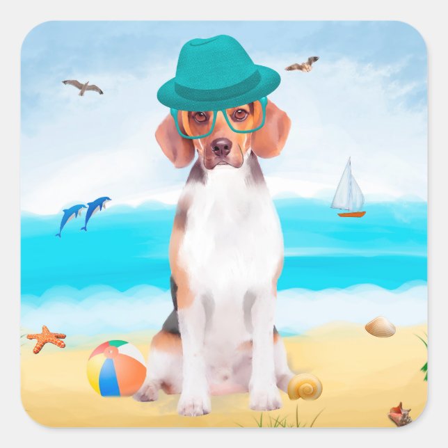 Beagle Dog On Beach Square Sticker (Front)