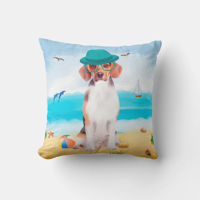 Beagle Dog On Beach Throw Pillow (Front)