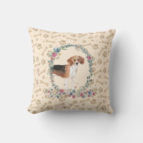 Beagle Dog Paw Print  Floral Cute Throw Pillow