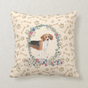 Beagle Dog Paw Print & Floral Cute Throw Pillow