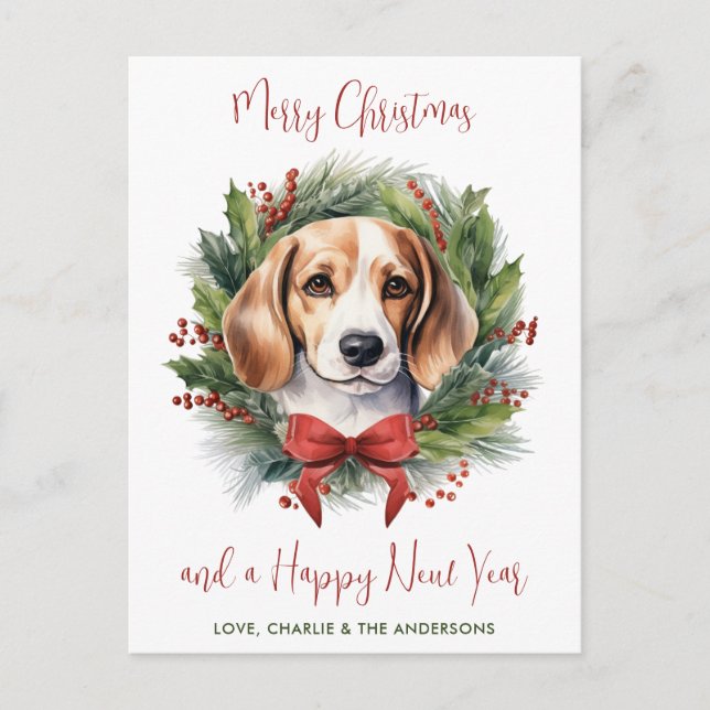 Beagle Dog Personalized Wreath Merry Christmas Holiday Postcard (Front)