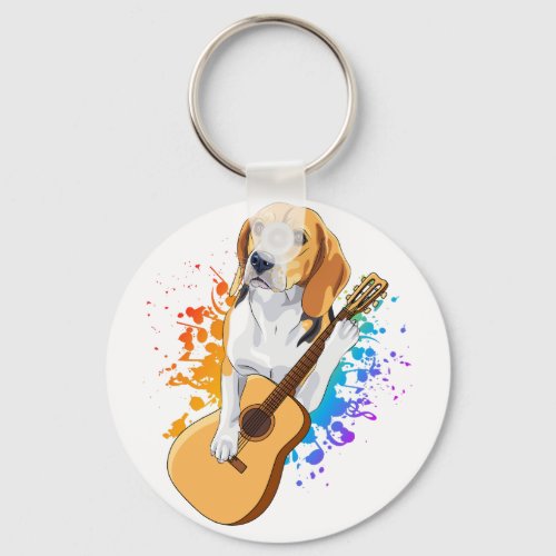 Beagle Dog Playing Acoustic Guitar Button Keychain
