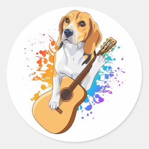 Beagle Dog Playing Acoustic Guitar Classic Round Sticker